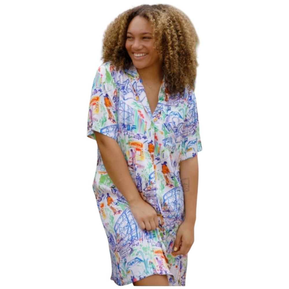 FRNCH Paris Illustrated Shirt Dress XS Button Front Short‎ Sleeve Viscose